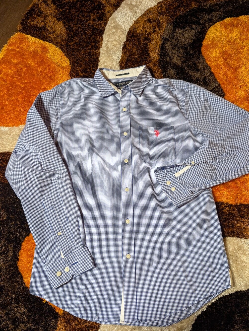 U.S. Polo Assn. Blue Check Dress Shirt with Pink Logo